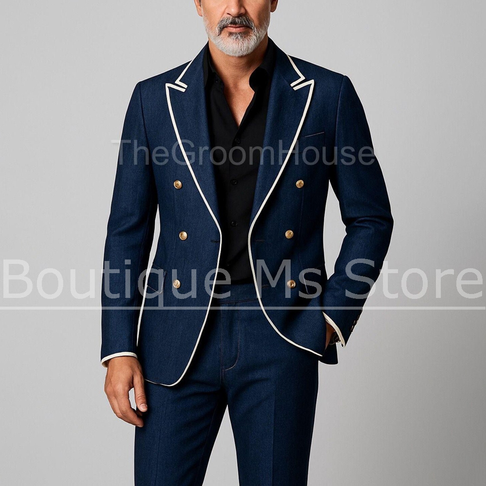 Men Formal Party Wear Outfit - Men Denim Double Breasted 2 Piece