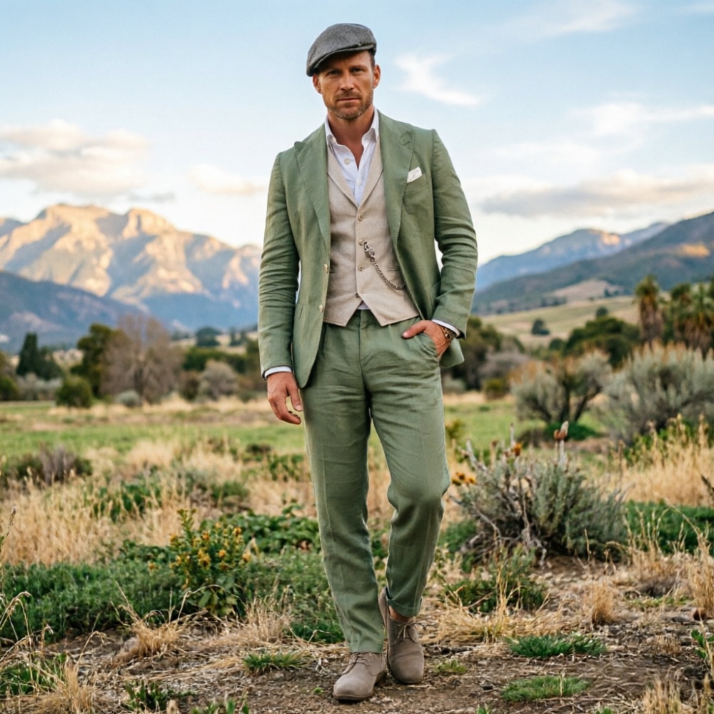 Sage Green Linen Men 3 Piece S - Men Formal Party Wear Outfit review and price